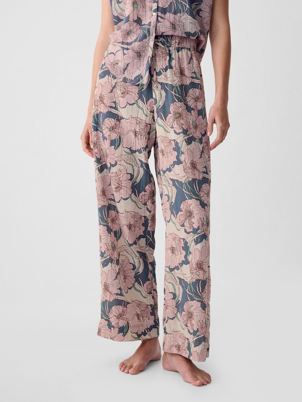 GapBody Crinkle Gauze Wide-Leg PJ Pants Medium In Blue Multi Floral